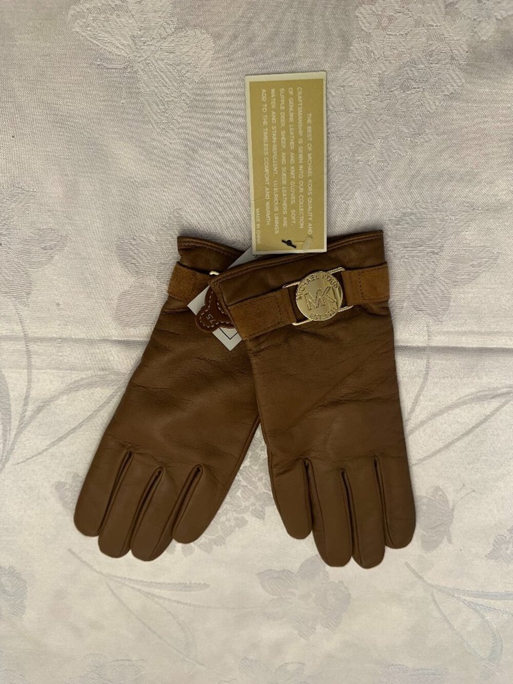 NWT Michael Kors Brown Leather Gloves Gold MK Logo Suede Trim